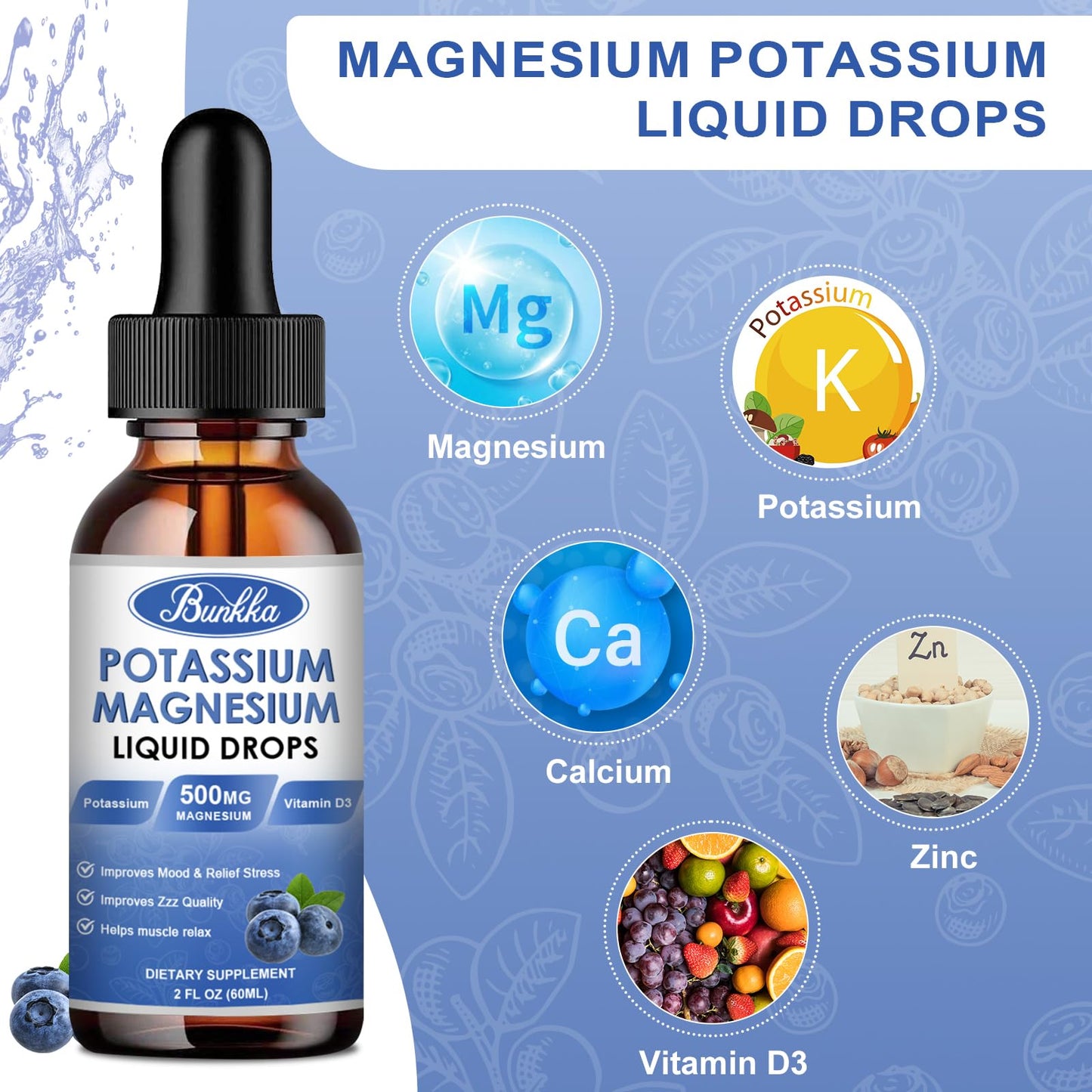 BestBy03/27 Bunkka Liquid Potassium Magnesium Calcium Zinc D3 2 Pack Blueberry