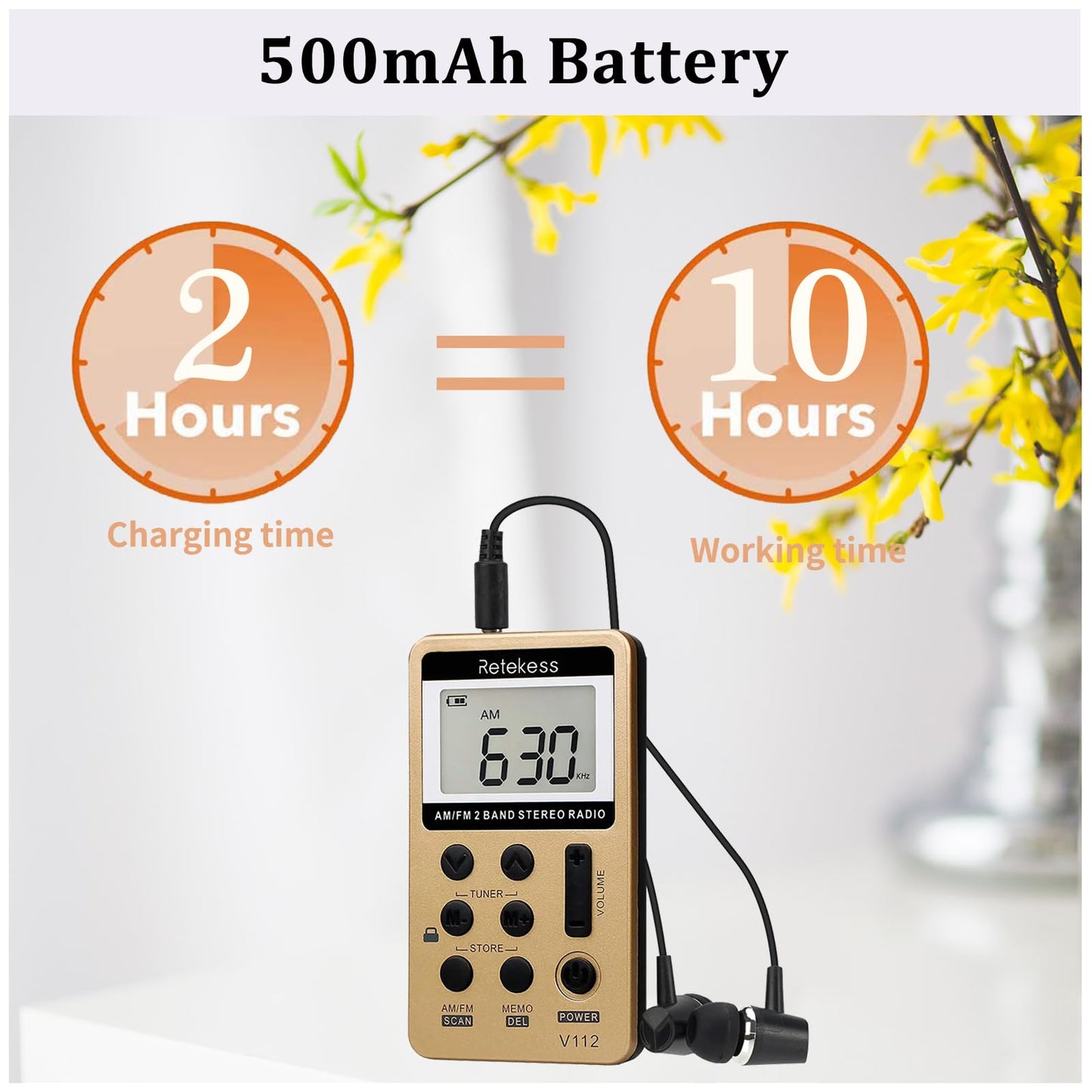 Retekess V112 AM FM Portable Pocket Radio, FM Receiver, Digital Tuning Stereo, with Headphones, Rechargeable Battery, for Walking, Jogging, Training, Church (Red)