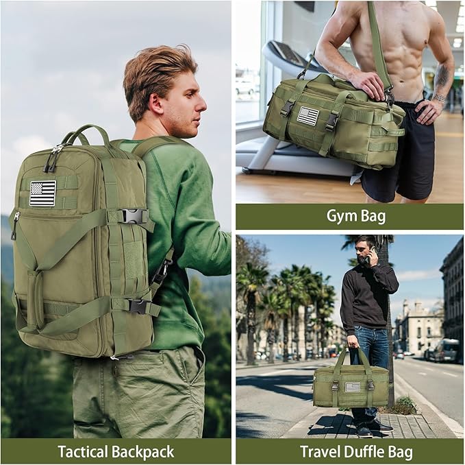 ETRONIK Gym Bags for Men Women, Military Duffle Bag Backpack with Shoe Compartment, 3 in 1 Carry on Bag Travel Backpack with Wet Pocket, Weekender Overnight Range Bag for Workout Football Gym, Green