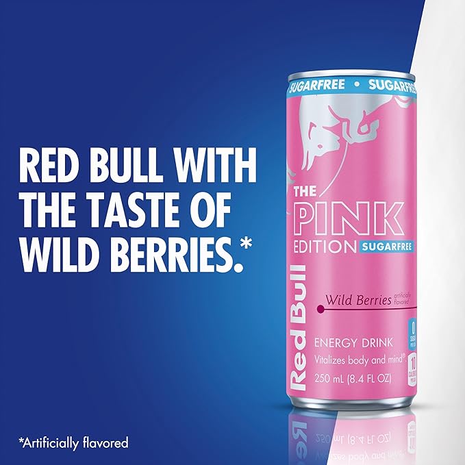 Red Bull Pink Edition Sugar Free Energy Drink, Wild Berries, 12 fl. z., Case of 24 cans, with 114mg Caffeine, Taurine & B Vitamins
