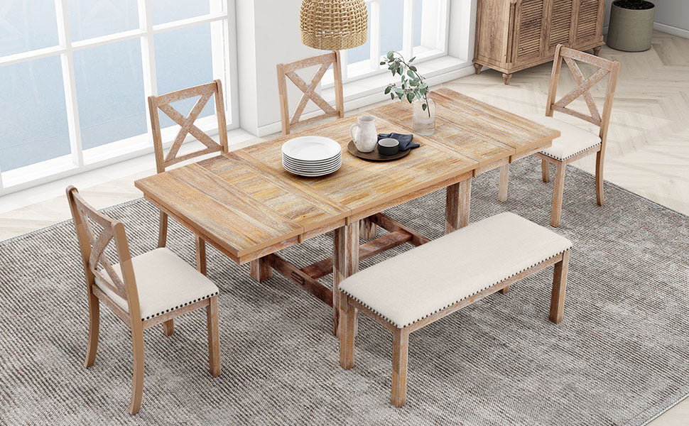 Farmhouse 82inch 6-Piece Extendable Dining Table with Footrest, 4 Upholstered