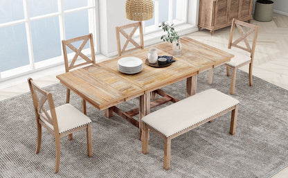 Farmhouse 82inch 6-Piece Extendable Dining Table with Footrest, 4 Upholstered