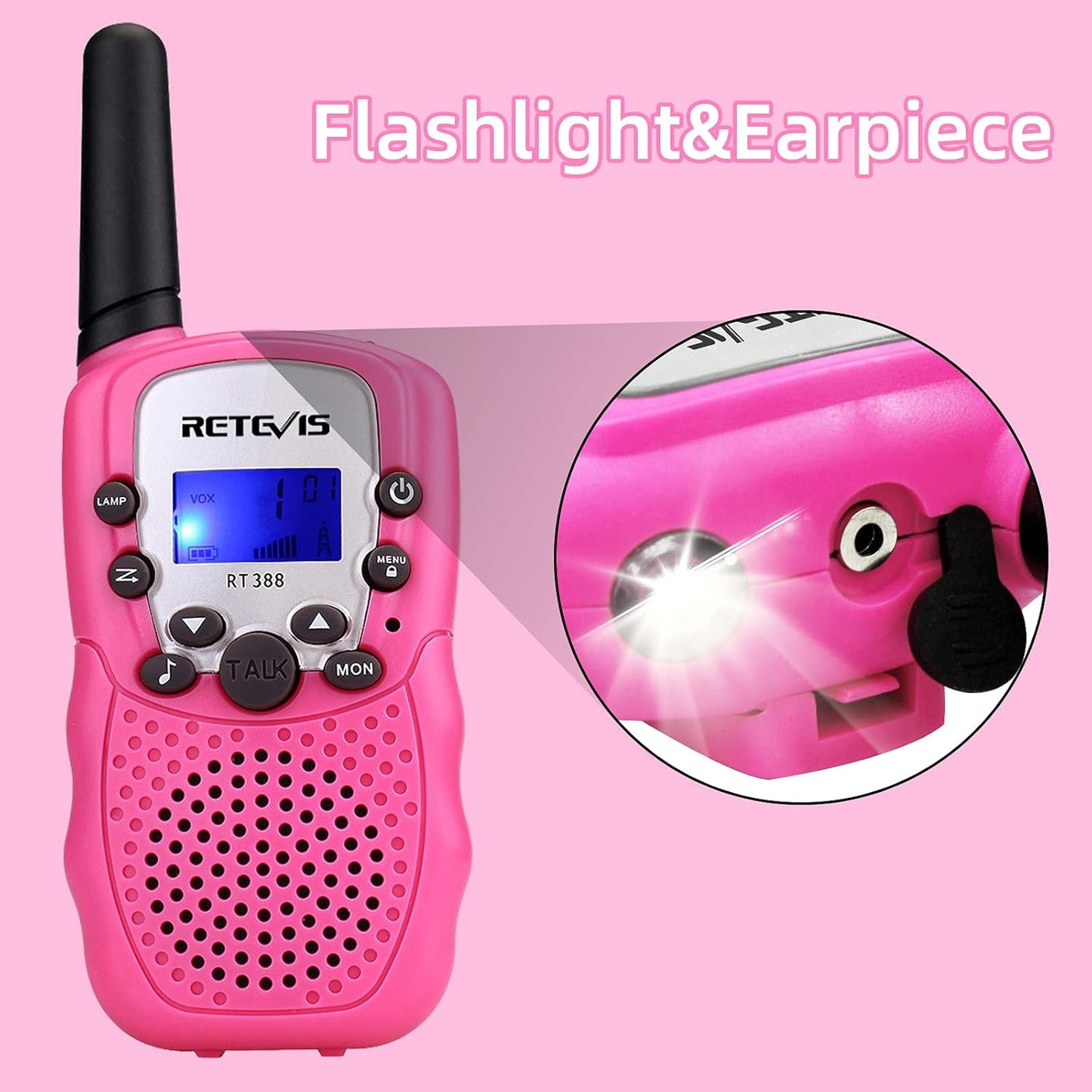 Retevis RT388 Rechargeable Walkie Talkies for Kids, Toys Gifts for Aged 6-12 Girls, VOX, Keypad Lock, Stocking Stuffer, Pink Walkie Talkies 2 Pack, for Grandkids Family Camping Hiking