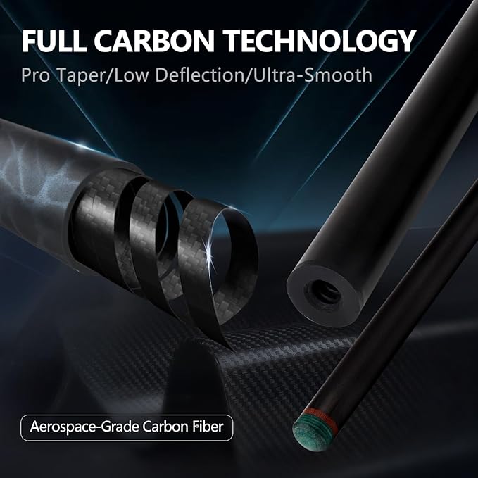 Carbon Fiber Pool Cue Stick, 12.4mm 8-Layer Tip Low Deflection Pool Cue Professional Pool Sticks for Adults with Pro Taper Cue Shaft 3/8 x 8 Joint Pin