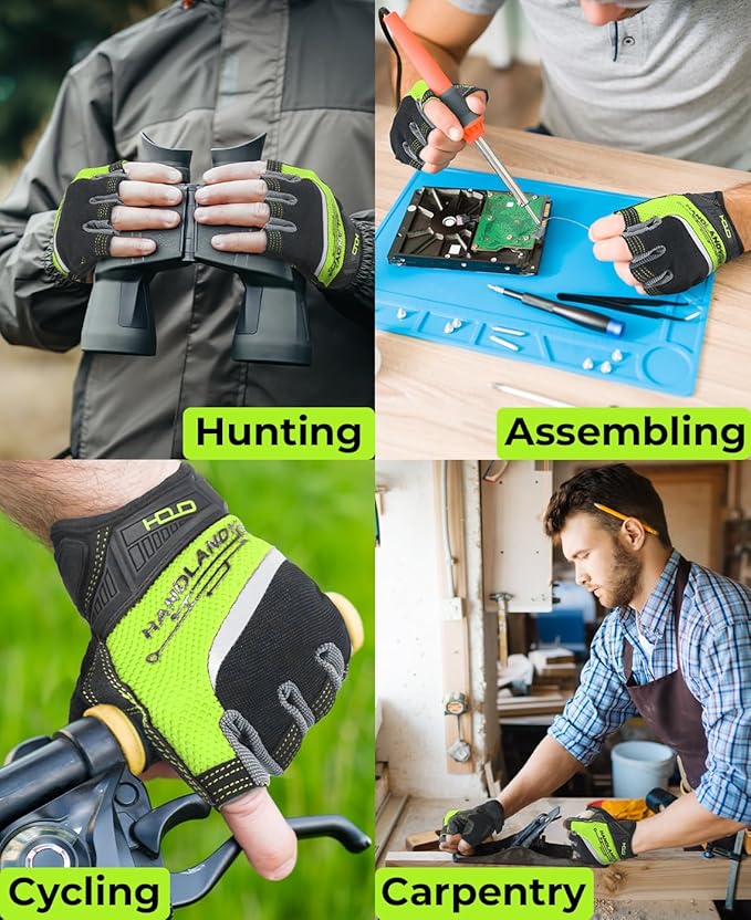 HANDLANDY Fingerless Work Gloves for Men Utility Padded Half Finger Driving Working Gloves (Large, Green)