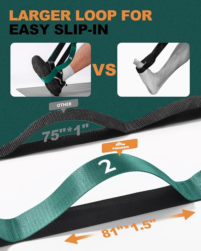 Trideer Stretching Strap for Physical Therapy, Non-Elastic Yoga Straps for Stretching with 10 Loops, Durable Nylon Stretch Bands for Exercise, Pilates, Gymnastics, Leg Stretcher with Guidance and Drawstring Bag