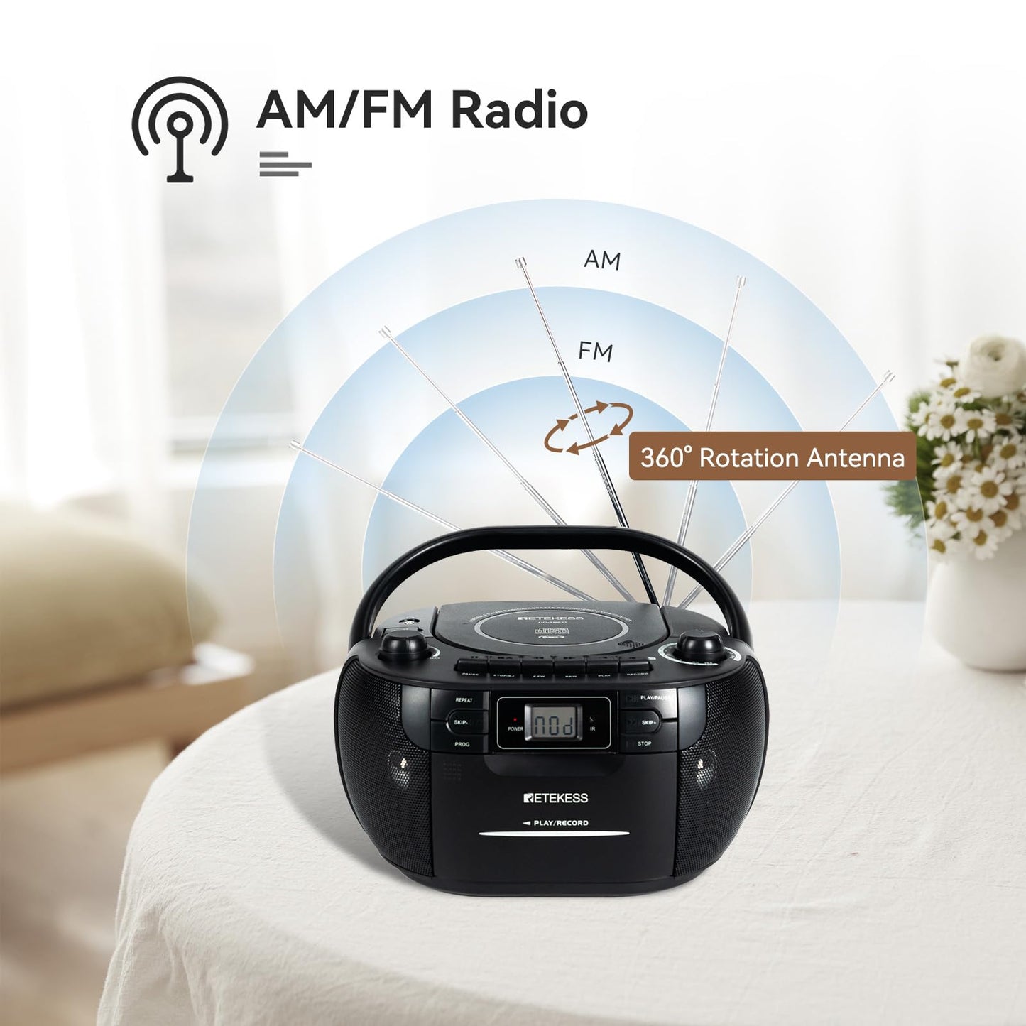 Retekess TR621 CD and Cassette Player Combo, Boombox CD Player for Home, AM/FM, Tape Recording, TF/USB Drive, AC or D Battery Powered, Headphone Jack, Stereo Sound (White)