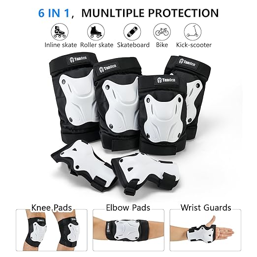 Skating Protective Gear Adult Youth Knee Pads and Elbow Pads Set, Skateboard Wrist Guards for Roller Skating Skateboarding Cycling White