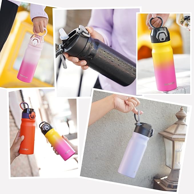 Insulated Water Bottle with Straw and Carry Loop,18 oz Stainless Steel Double Wall Vaccum Metal Water Flask with Leak-proof Lid,Dark Green