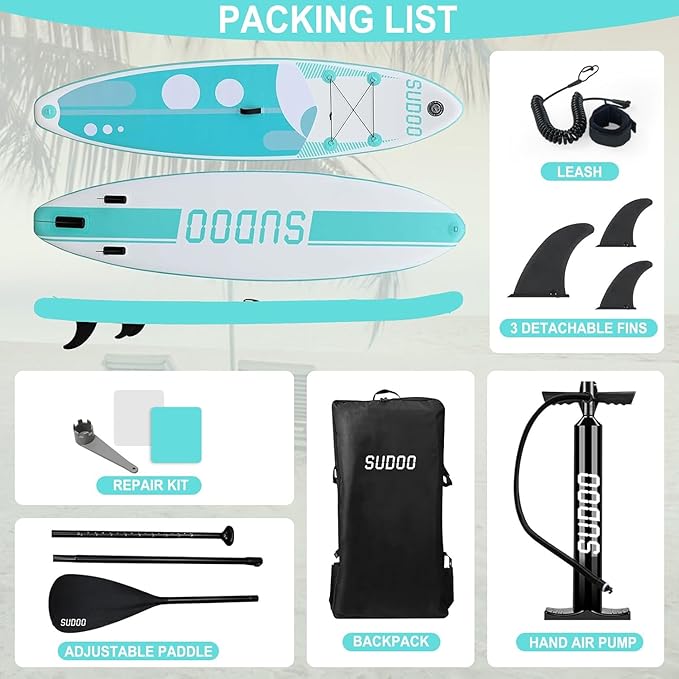 Inflatable Stand Up Paddle Board 10‘x30‘‘- Ultra-Light SUP with Backpack, Pump, Paddle, Coil Leash, 3 Fins, Repair Kit, Stable Design, Non-Slip EVA Deck for Adults & Youth