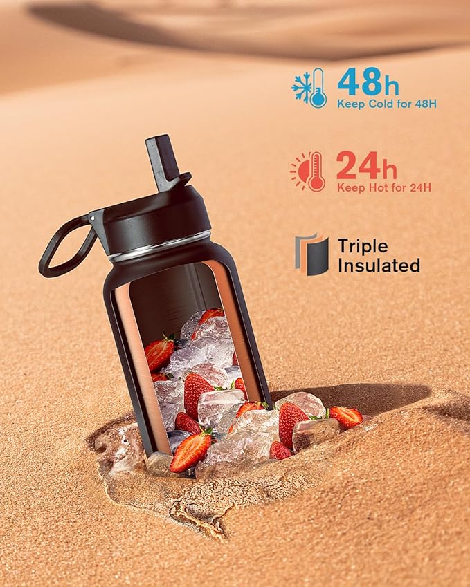 Water Bottle 32 oz Insulated with Straw, Coolflask Stainless Steel Metal 3 Lids Water Flask Wide Mouth for Sports or Office, Non-BPA Keep Cold Up to 48 Hrs or Hot Up to 24 Hrs, Piano Night