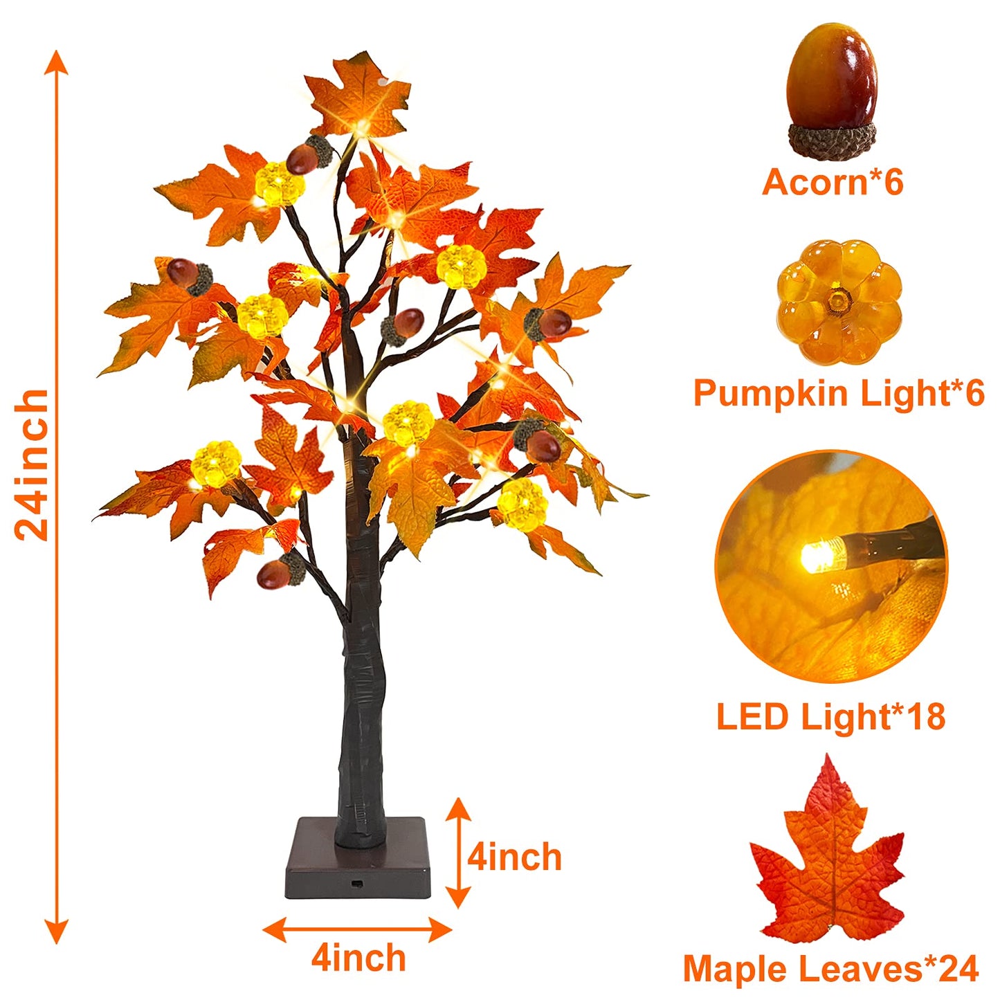 TURNMEON 2Pack 24in Prelit Fall Maple Tree Lights48 LED Timer Battery Orange Red