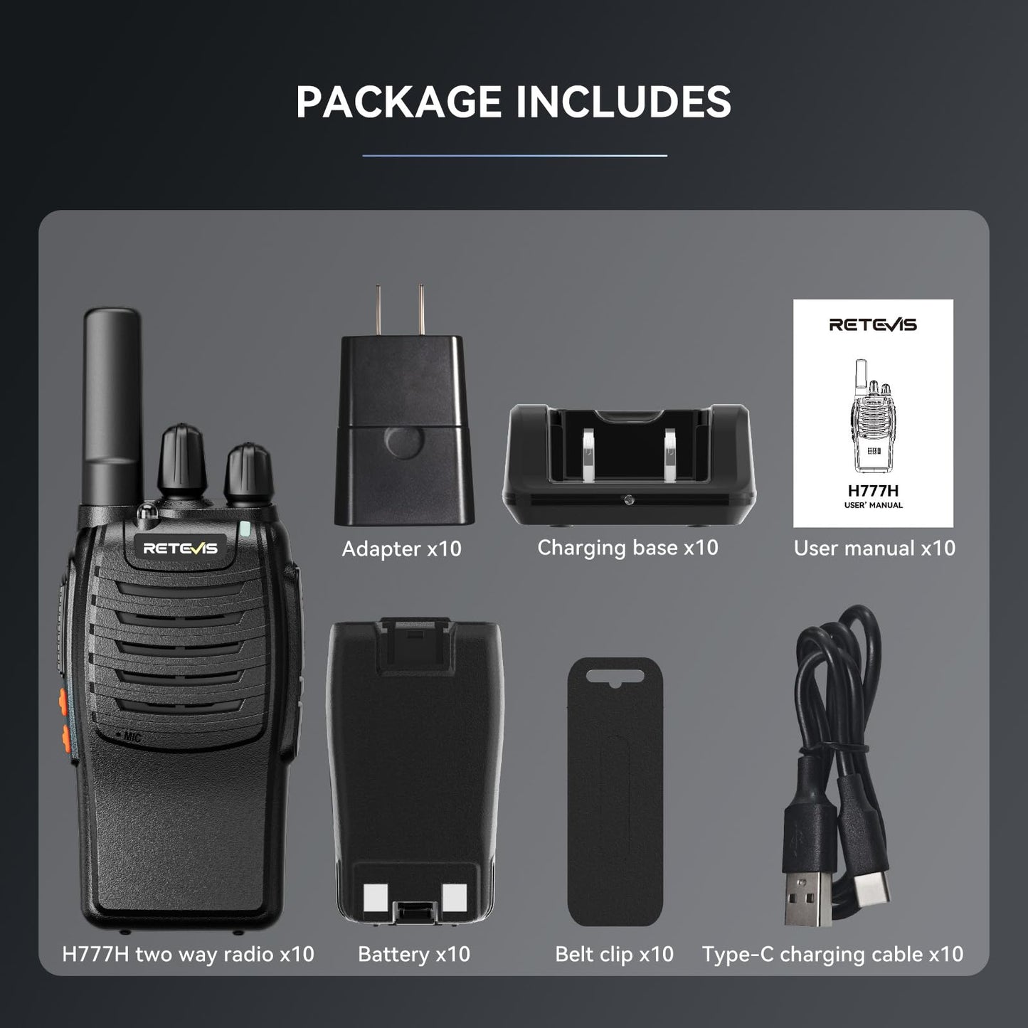 Retevis H-777 2 Way Radios, Walkie Talkies for Adults, Rechargeable Long Range Two Way Radio, Shock Resistant, Short Antenna for Business Education(10 Pack)