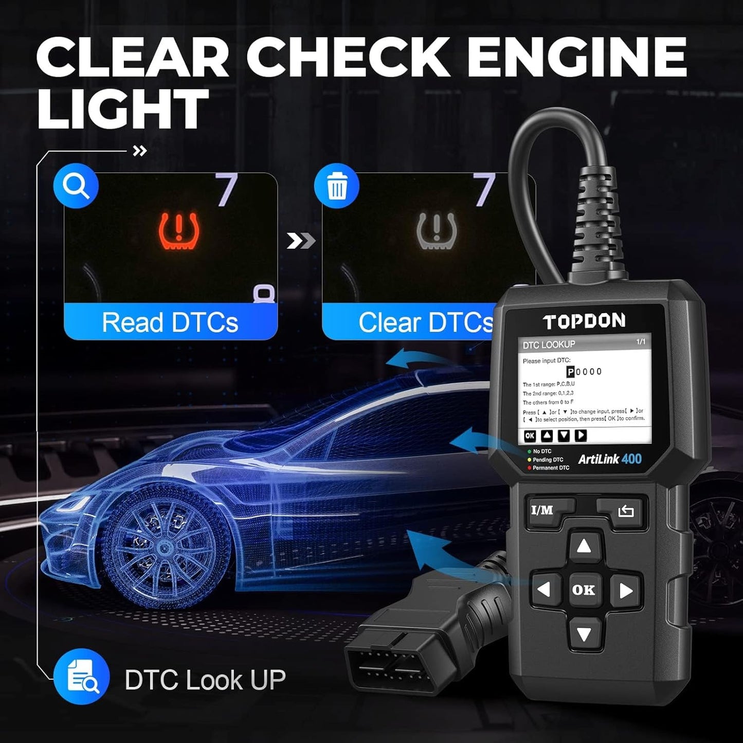 TOPDON AL400 OBD2 Scanner, Full OBDII Code Reader, Check Engine Light Scan Tool, Car Scanner with DTC Lookup, Clear Codes, Freeze Frame, One-Click I/M, Diagnostic Scanner for DIYers, Lifetime Update