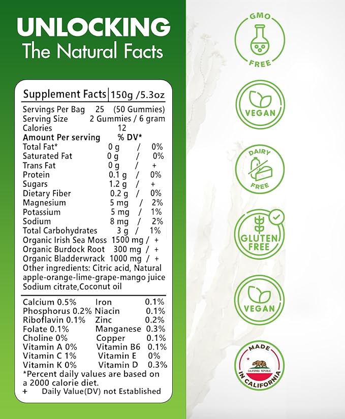 Sea Moss Gummies - Irish sea Moss raw Organic, Bladderwrack, Burdock Root. Contains Sea Moss Gel and Powder. Superfoods for Vegan, Keto and Dr Sebi Diet. Immune Boosting (3, Original)
