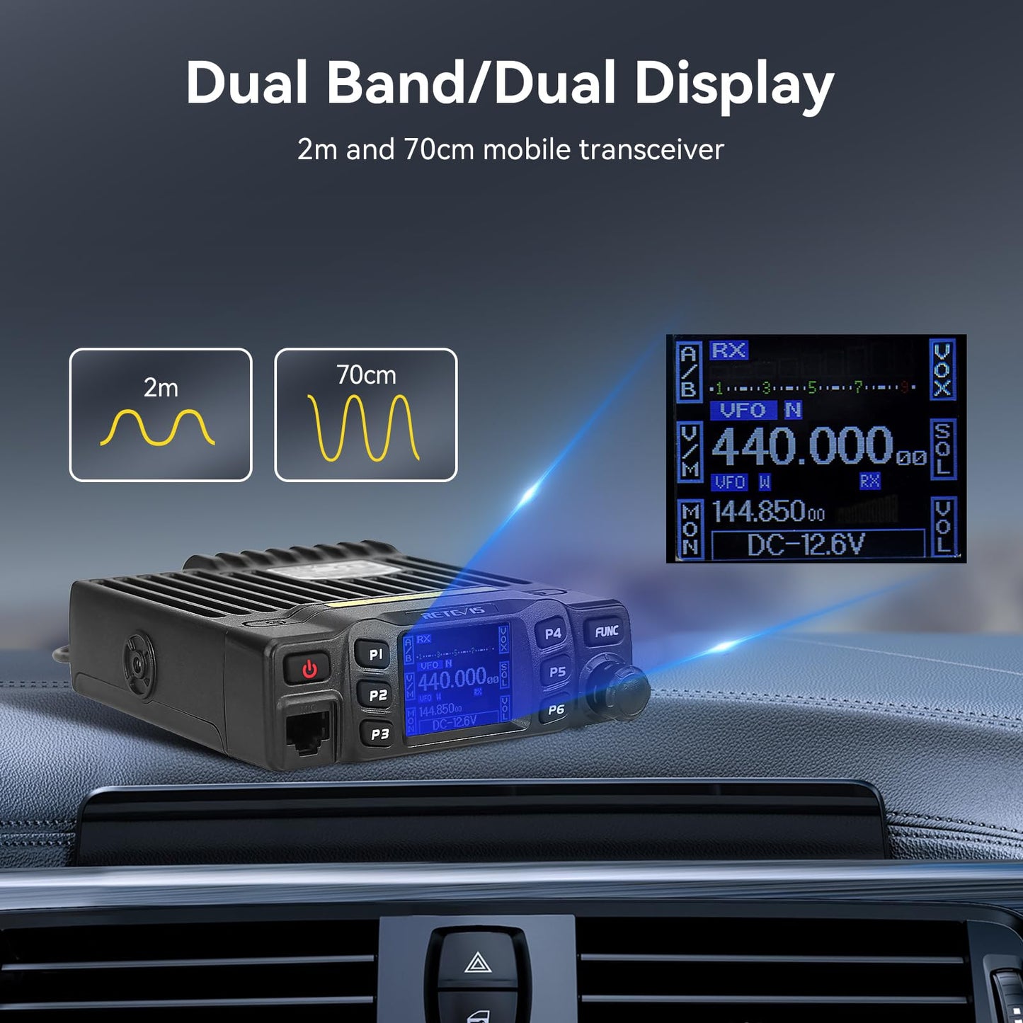 Retevis RT95 Mobile Ham Radio, Dual Band Mobile Radio, Chirp, Dual Speaker, Rotatable LCD Display, 2m 70cm Ham Radio Base Station, Mobile Transceiver with Cable