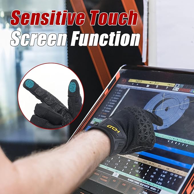 HANDLANDY Mens Work Gloves Touch screen, Utility Mechanic Gloves, Flexible Breathable Fit- Padded Knuckles & Palm