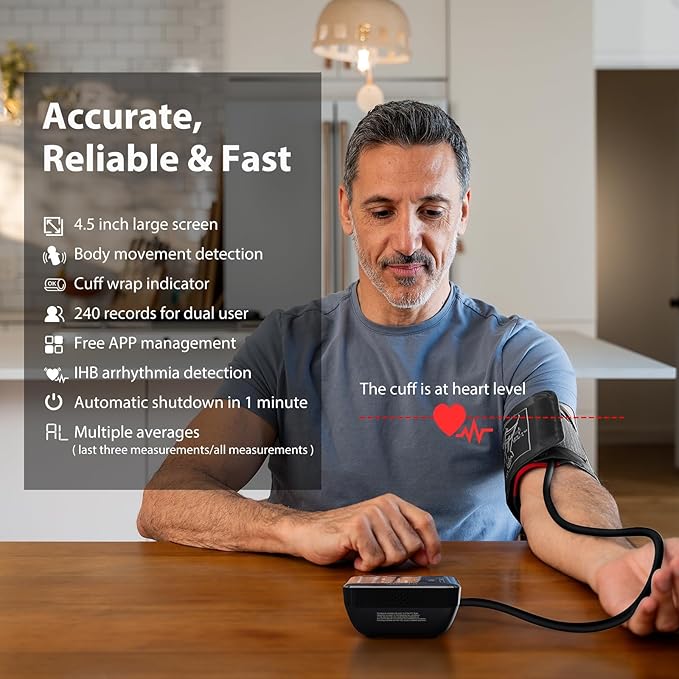 iHealth Accu Blood Pressure Monitor – 4.5" Large LCD, Clinically Accurate, Irregular Heartbeat Alert, Body & Cuff Detection, Bluetooth Sync, Adjustable Large 8.6"–17" Cuff– Easy for Seniors & Adults
