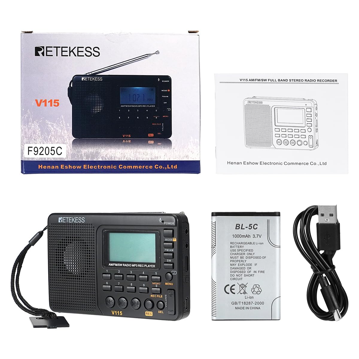Retekess V115 Shortwave Radio, Digital Radio AM FM, Shortwave Receiver with 1000mAh Rechargeable Battery, Presets, TF/AUX Playback and Recording, Bass Speaker, for Camping