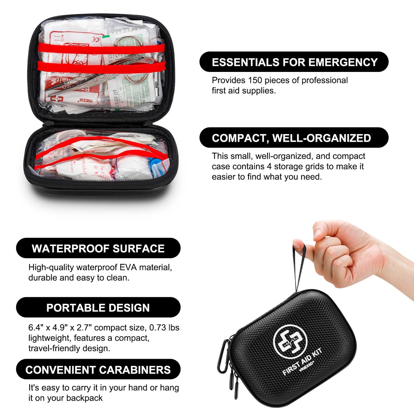 Mini First Aid Kit - 150 Piece Small Waterproof Hard Shell Medical Kit for Home, Car, Travel, Camping, Truck, Hiking, Sports, Office, Vehicle & Outdoor Emergencies- Small First Aid Medical Kit (Red)