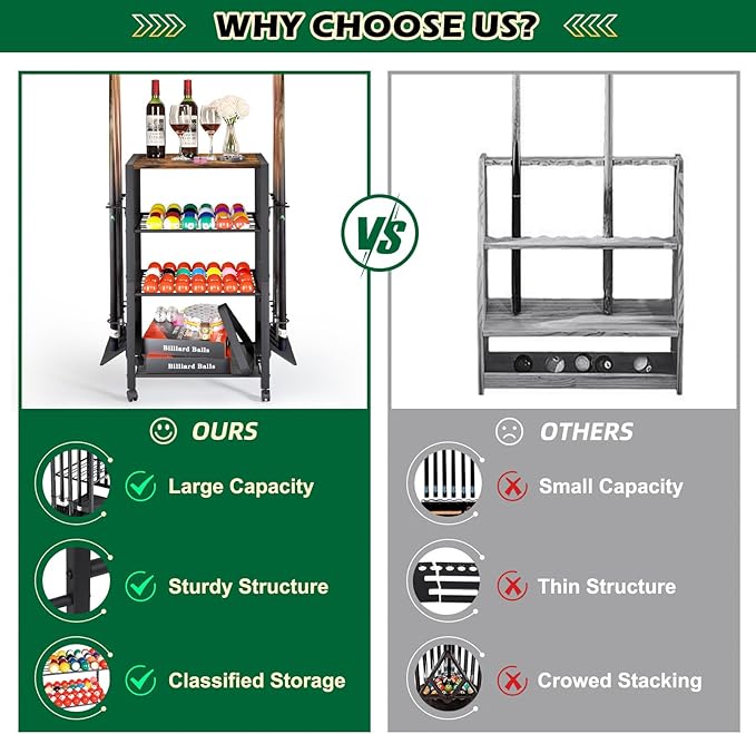 Pool Stick Holder Rack Stand for 8 Cue Sticks - Billiard Game Room Storage Cart with Organizer for Balls, Pool Table Accessories and Equipment - Heavy Duty Floor Stand Cue Stick Rack for Home or Bar