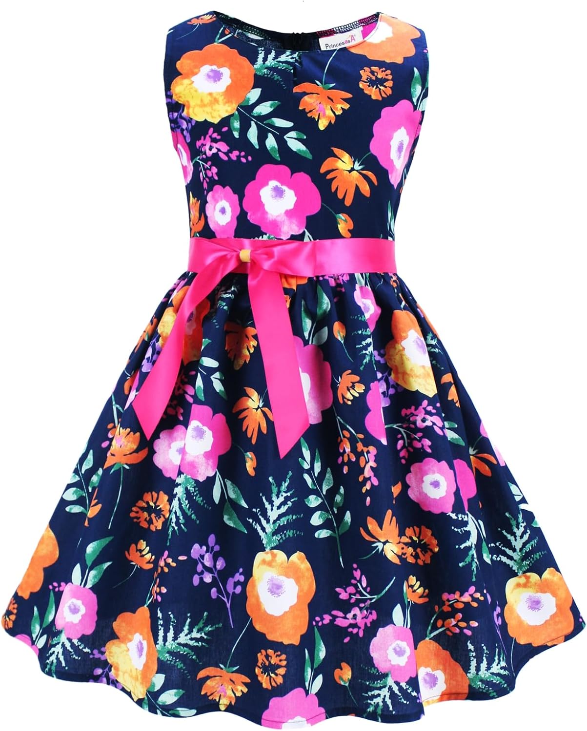 Girls Floral Cotton Dress - Sleeveless Summer Dress with Zipper Closure