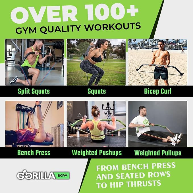 Gorilla Bow Original Portable Home Gym Resistance Bands and Bar System for Travel, Fitness, Weightlifting and Exercise Kit, Full Body Workout Equipment Set