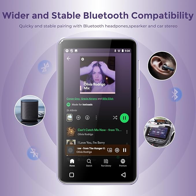 innioasis 80GB MP3 Player with Bluetooth and WiFi, MP3 Player for Kids with Spotify, Spotify Kids, Pandora, Audible, 4.0" Touch Screen Music Player with Parental Controls, Up to 1TB (White+ Purple)