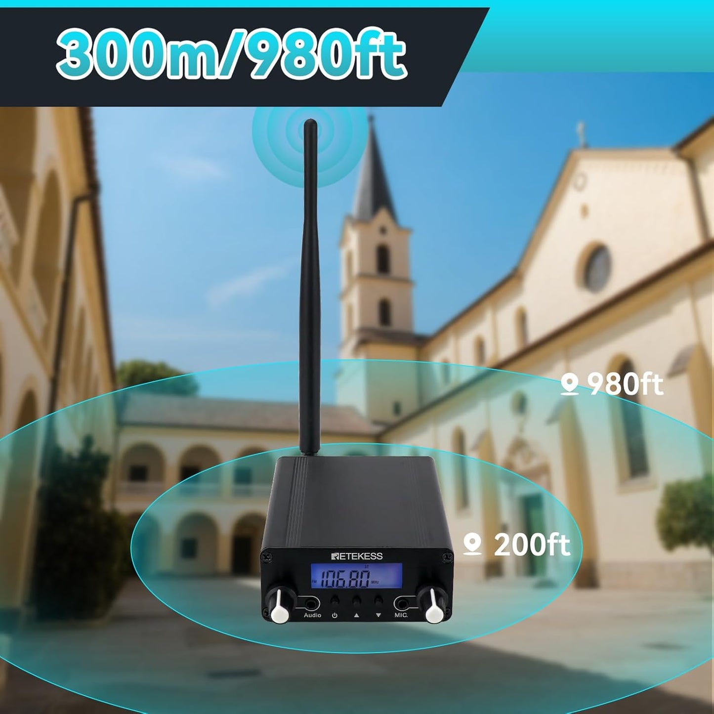 Retekess TR508 FM Transmitter for Church,FM Broadcast Transmitter,Long Range FM Radio Stereo Station with 3.5mm Mic Audio Jack for Drive in Movie,Parking Lot,Home,Library,Fcc Certified