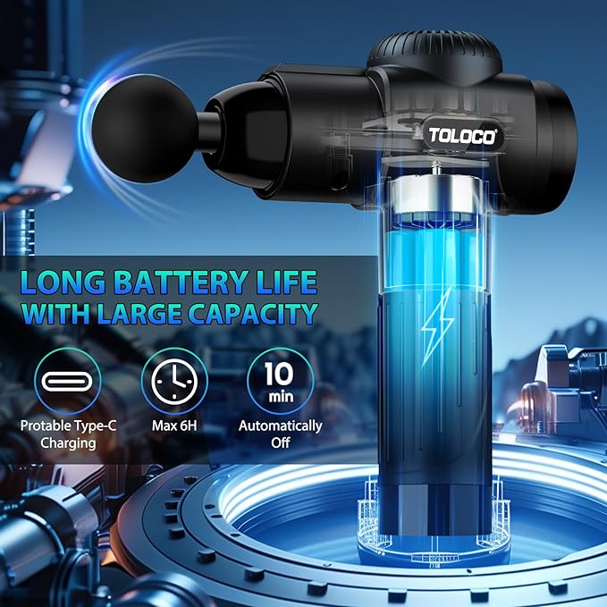 TOLOCO Massage Gun, Deep Tissue Back Massage for Athletes for Pain Relief, Percussion Massager with 10 Massages Heads & Silent Brushless Motor, Gifts for Fathers Day, Black