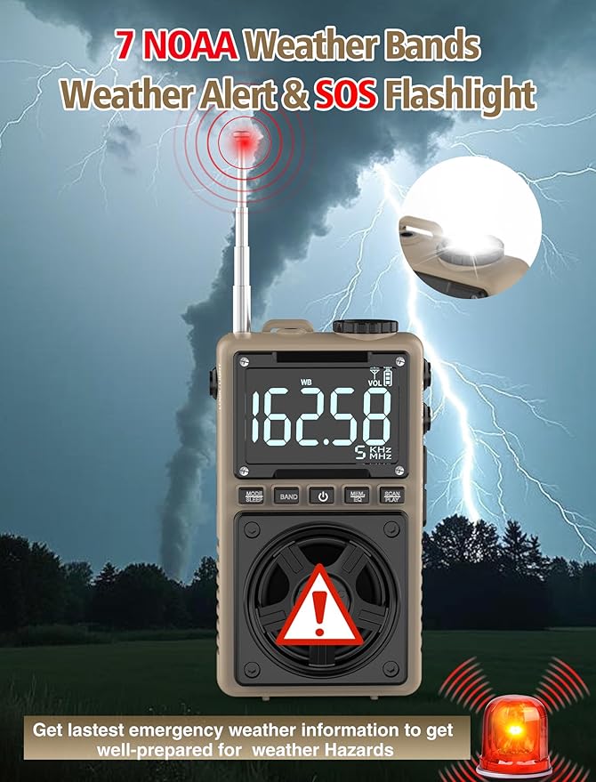Bluetooth AM FM Shortwave Radio with NOAA Weather Alert,1250mAh Rechargeable Portable Pocket Radio with Best Reception,5W Big Speaker, Digital Tuner and Earphone,Support SD Card and USB Player（Brown）