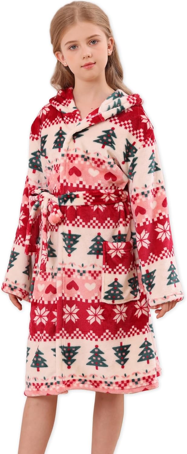 Girls Hooded Fleece Bathrobe - Soft Plush Warm Robe for Kids 3-14 Years