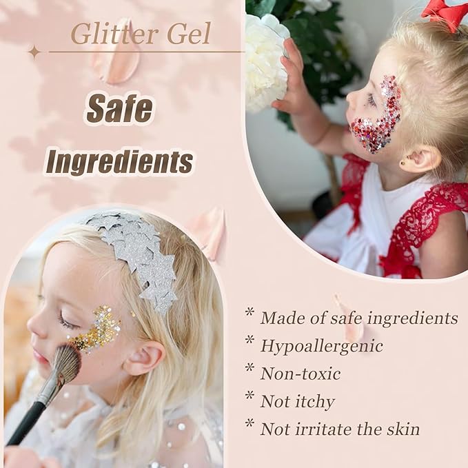 Face Body Glitter, Hair Glitter Sparkles Chunky Face Glitter Gel for Girls Makeup Singer Concerts Mermaid Festival Sequins Face Paint (White+Silver+Pink+Blue+Purple)