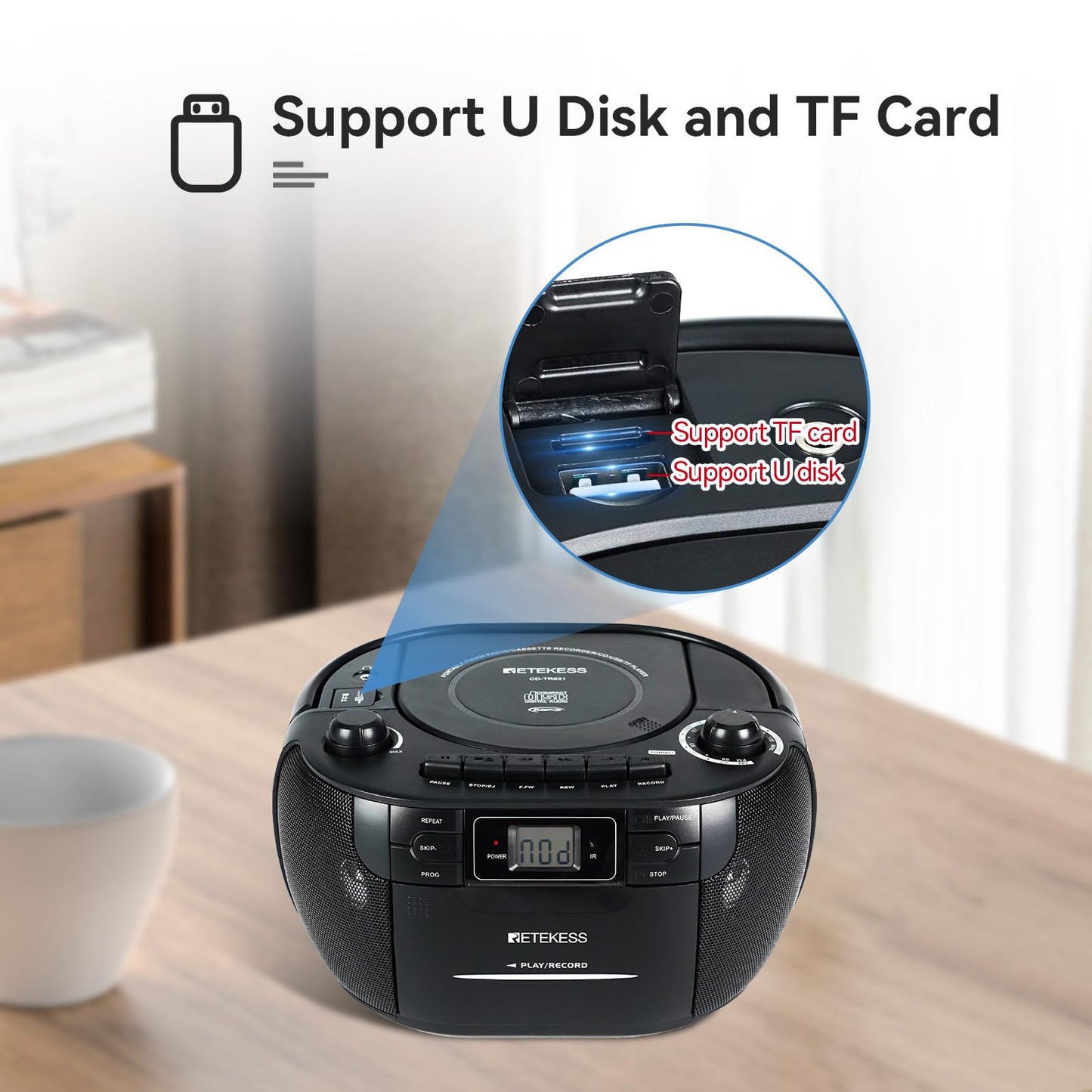Retekess TR621 CD and Cassette Player Combo, Boombox CD Player for Home, AM/FM, Tape Recording, TF/USB Drive, AC or D Battery Powered, Headphone Jack, Stereo Sound (White)