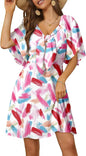 Women's Deep V-Neck Mini Dress with Bow Tie - Elegant Summer Fall Outfit