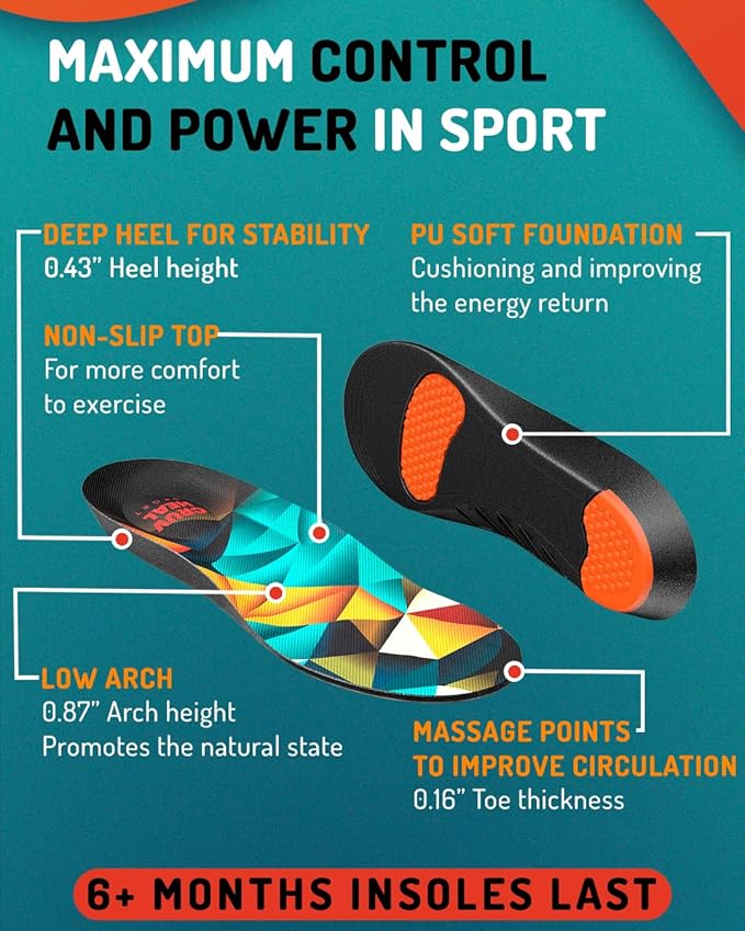 Sport Shock Absorbing Insoles - Athletic Shoe Cushioning Inserts for Men and Women - Ideal for Active Sports Running Training Hiking - Neutral Arch Good for Sneakers Shoes, XL