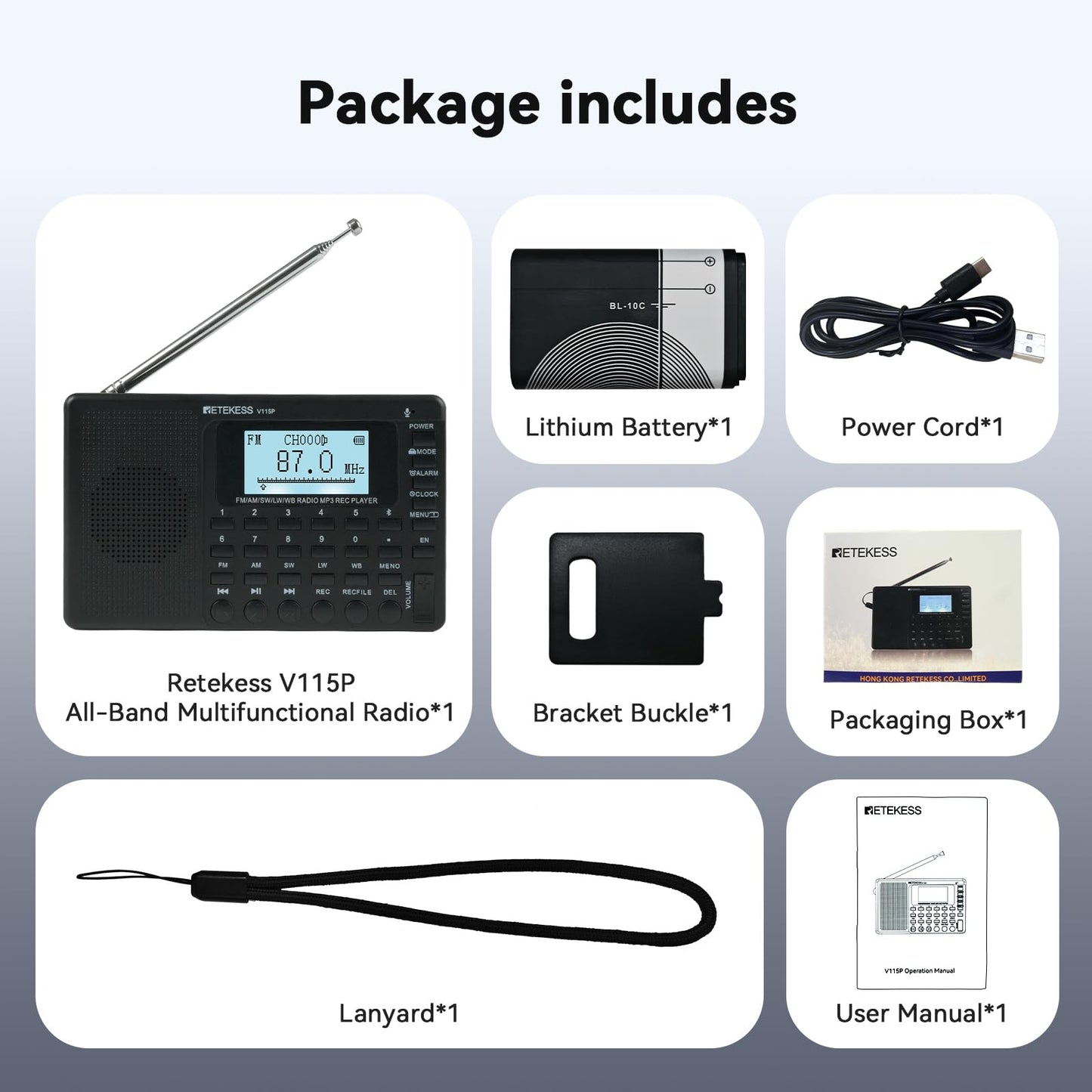 Retekess V115 Shortwave Radio, Digital Radio AM FM, Shortwave Receiver with 1000mAh Rechargeable Battery, Presets, TF/AUX Playback and Recording, Bass Speaker, for Camping