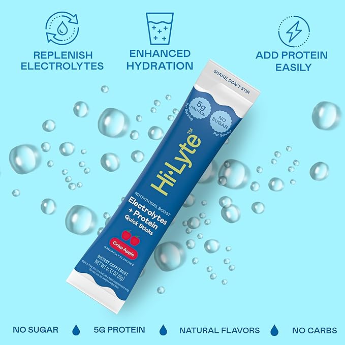 Hi-Lyte Nutritional Boost - Electrolytes + Protein Quick Sticks - Crisp Apple - Hydration + Whey Protein Powder Packets - 5g Protein, Electrolytes, No Sugar, Keto Friendly