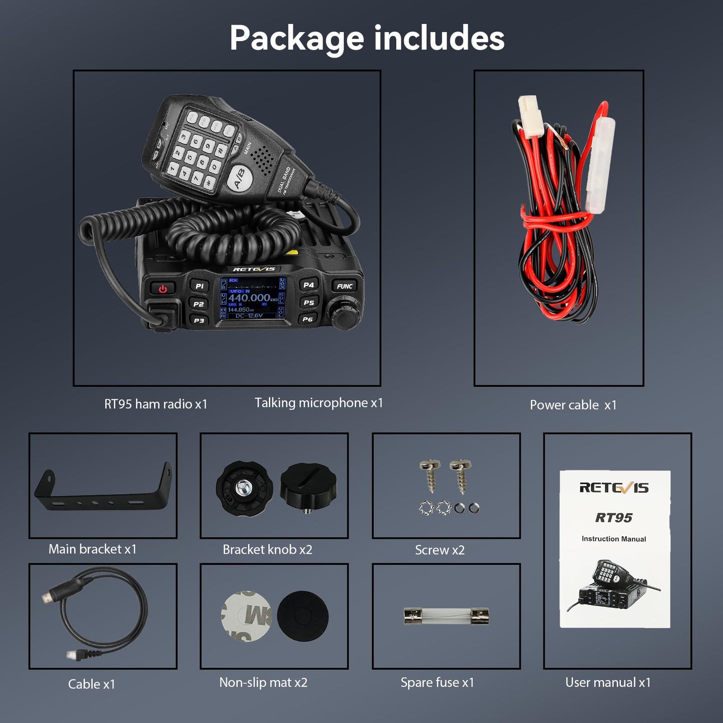 Retevis RT95 Mobile Ham Radio, Dual Band Mobile Radio, Chirp, Dual Speaker, Rotatable LCD Display, 2m 70cm Ham Radio Base Station, Mobile Transceiver with Cable