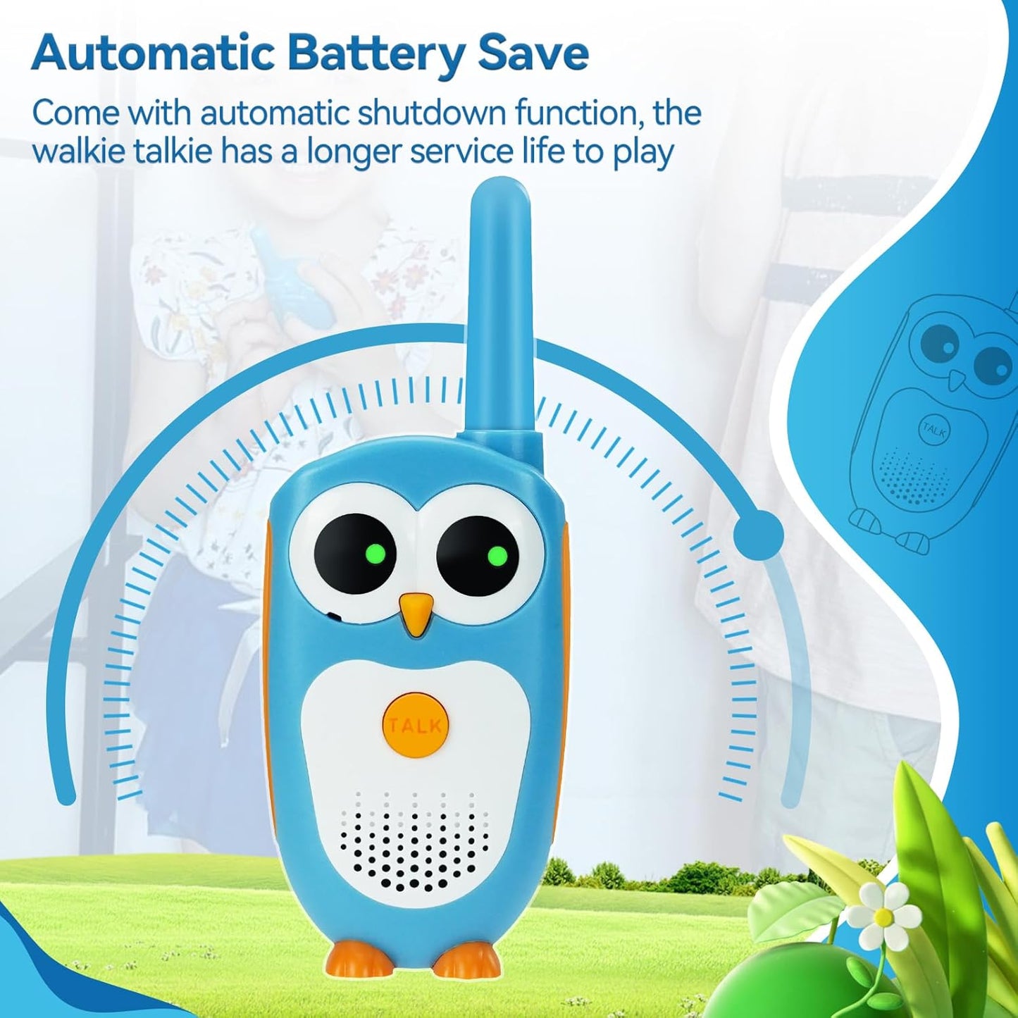 Retevis RT30 Kids Walkie Talkies, Toddler Toys for 4-6 Year Old Boys Girls, Small Owl Toy Walkie Talkie for Kids, Easy to Use, LED Eyes, Christmas Holiday Toy Gifts, Indoor Role Play(Blue,2 Pack)