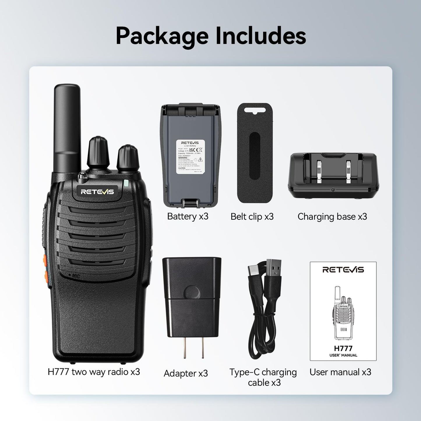 Retevis H-777 Walkie Talkies Rechargeable, 2 Way Radios Long Range, Portable FRS Two-Way Radios, Short Antenna, LED Flashlight, for Adults Family Outdoor (3 Pack)