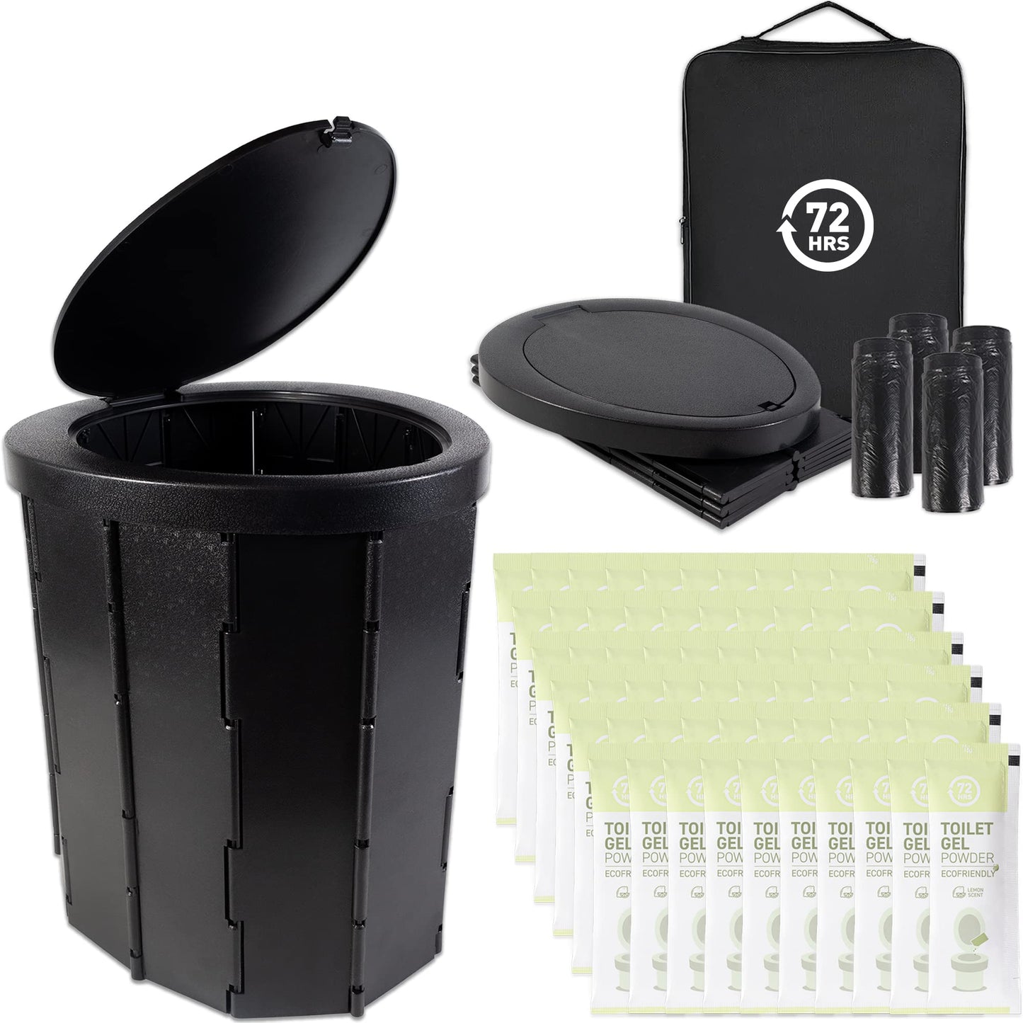 72 HRS Portable Collapsible Camp Toilet - Extra Large, Lightweight & Sturdy (With 12 Toilet Bags)