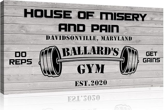 Tailored Canvases Personalized Gym Sign Wall Art Decor - Motivational Canvas for Home Gym, Workout Room, Garage, Fitness Center - Workout Inspirational Posters - House of Misery and Pain, White Wood 60x30in