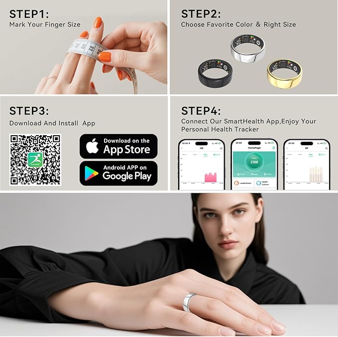 Smart Rings for Women Men,Fitness Tracker Ring,Heart Rate,Blood Oxygen,Blood Pressure,Step Tracker,Sleep Monitoring,No Subscription Fee,IP68 Waterproof Smart Ring for iphone&Android(Silver 9)