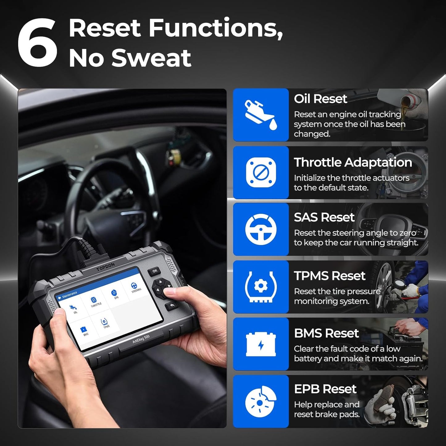 TOPDON AD500 OBDi TOPDON AD500 OBD2 Scanner Car Code Reader Scan Tool, Engine ABS SRS Transmission Diagnostics Tool, Oil/Throttle/SAS/TPMS/BMS/EPB Reset Car Scanner, Free Upgrade for DIY