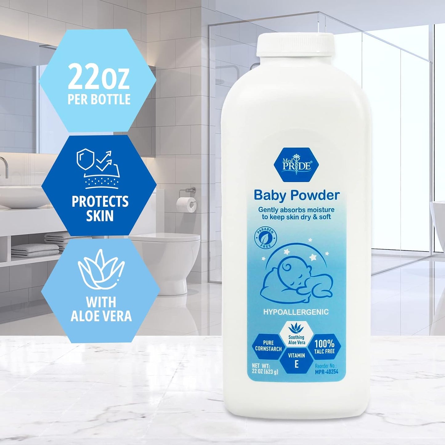 MEDPRIDE Hypoallergenic Talc Free Baby Powder with Seal, Cornstarch Powder with Aloe Vera and Vitamin E - White Bottle - 22 oz, 18/cs.