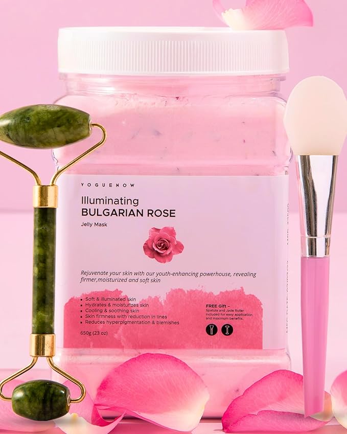Jelly Face Mask for Facials - Bulgarian Rose Hydrating, Brightening & Nourishing Jelly Mask with Free Jade Roller & Spatula | Professional Hydrojelly Masks | Vajacial Jelly Mask Powder | 23 Oz Jar