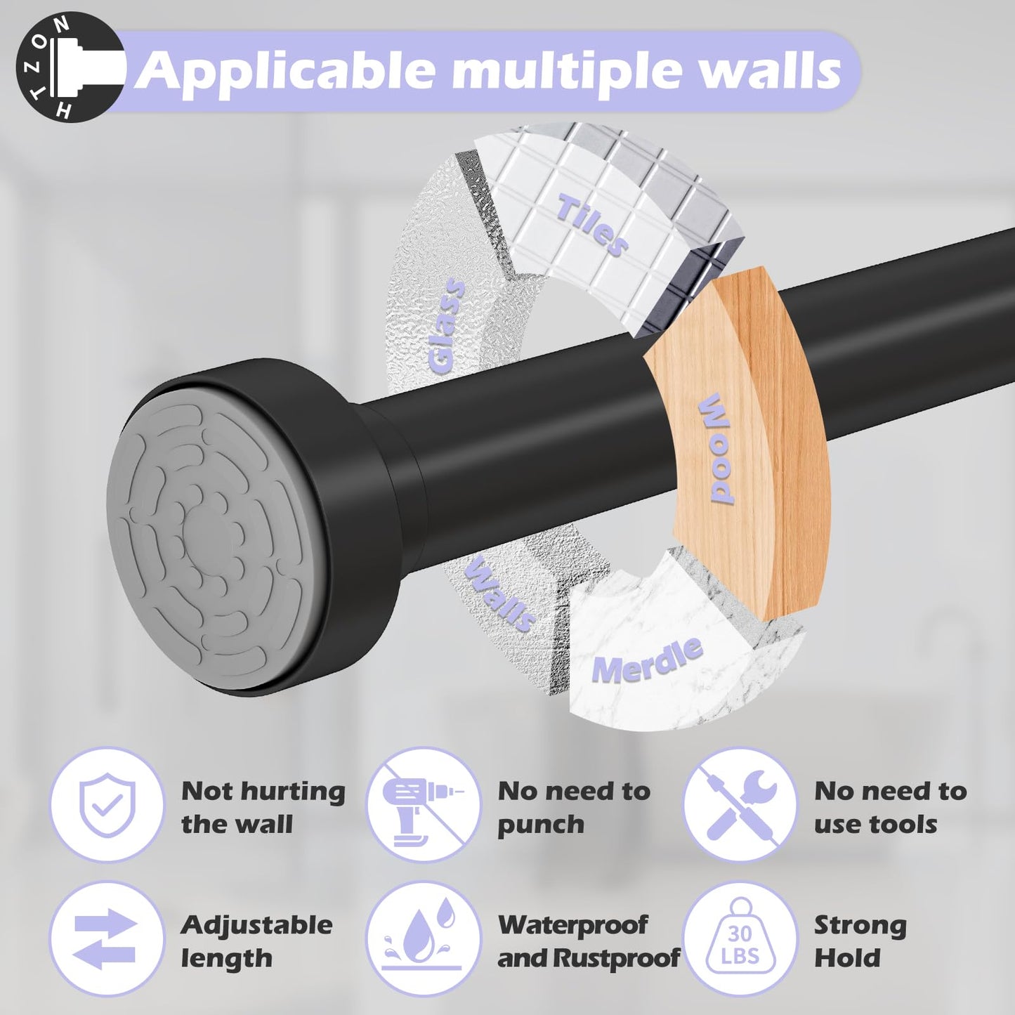 HTZON Adjustable Tension Shower Curtain Rod 34-43in Black Heavy Duty Iron