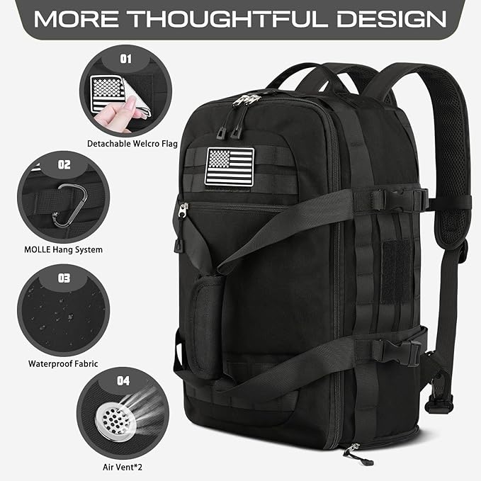 ETRONIK Gym Bags for Men, Large Tactical Duffle Bag Backpack with Shoe Compartment, 3 in 1 Carry on Bag Travel Backpack with Wet Pocket, Weekender Overnight Range Bag for Workout Football Gym, Black