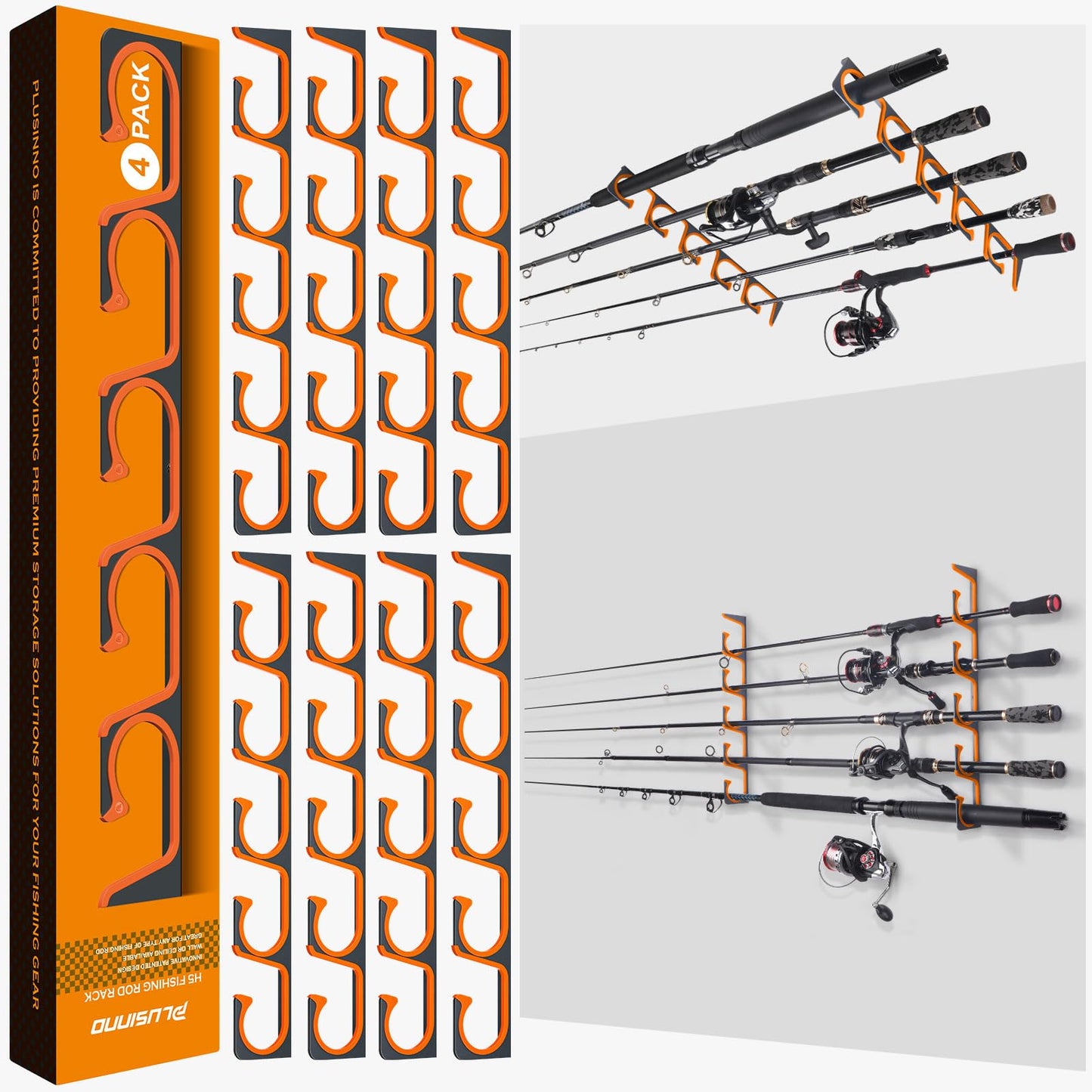PLUSINNO H5 Horizontal Fishing Rod/Pole Holders for Garage, Wall or Ceiling Mounted Fishing Rod Rack, Aviation Aluminum Fishing Holder Holds up to 5/10/20 Rod or Combos Fishing Gear and Gifts for Men